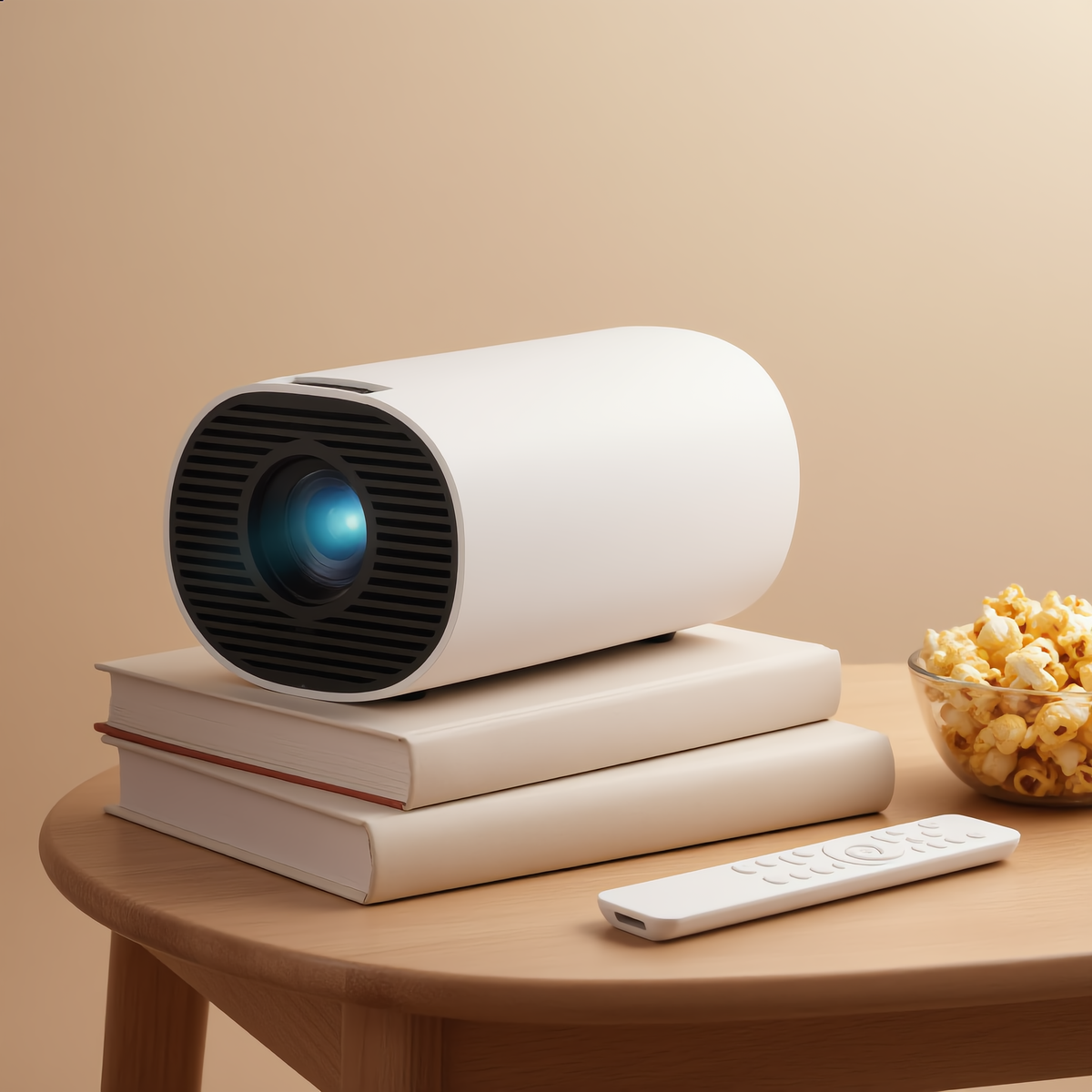 Projector on a stack of books with a remote and popcorn