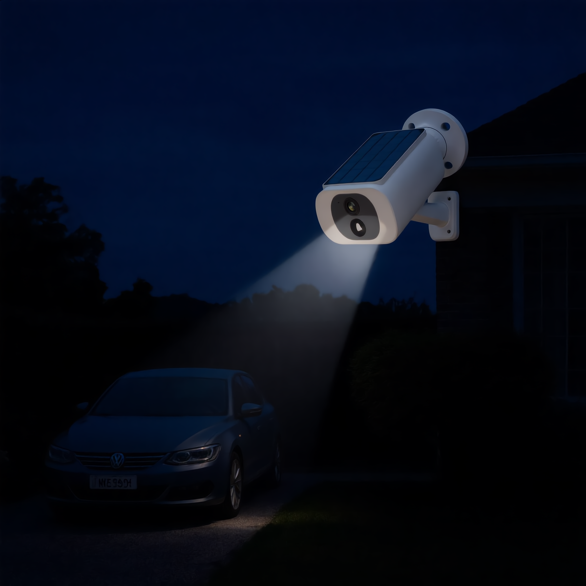 Camera spotlight lighting a driveway in colour at night