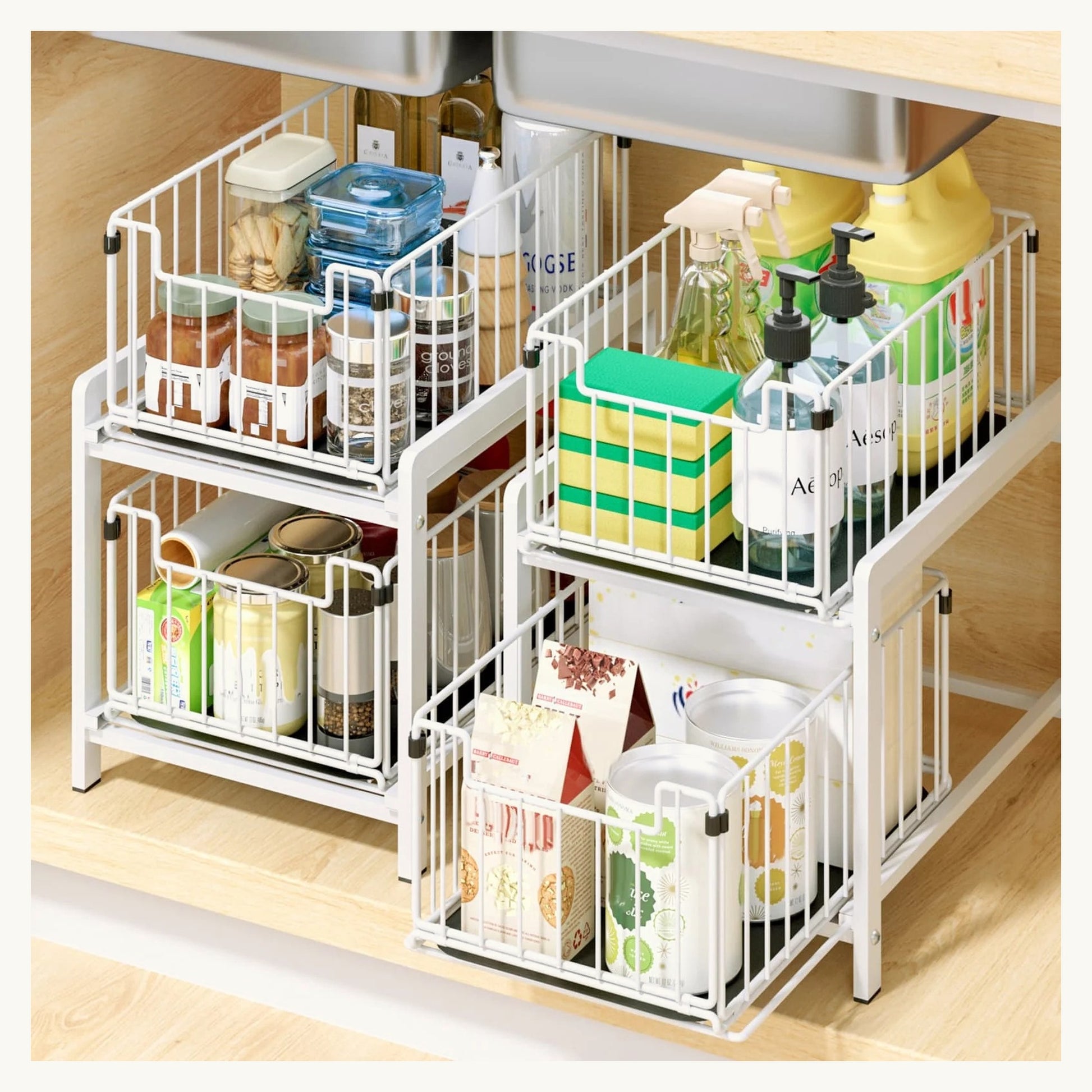 SinkSpace white organiser filled with bottles and cleaning products