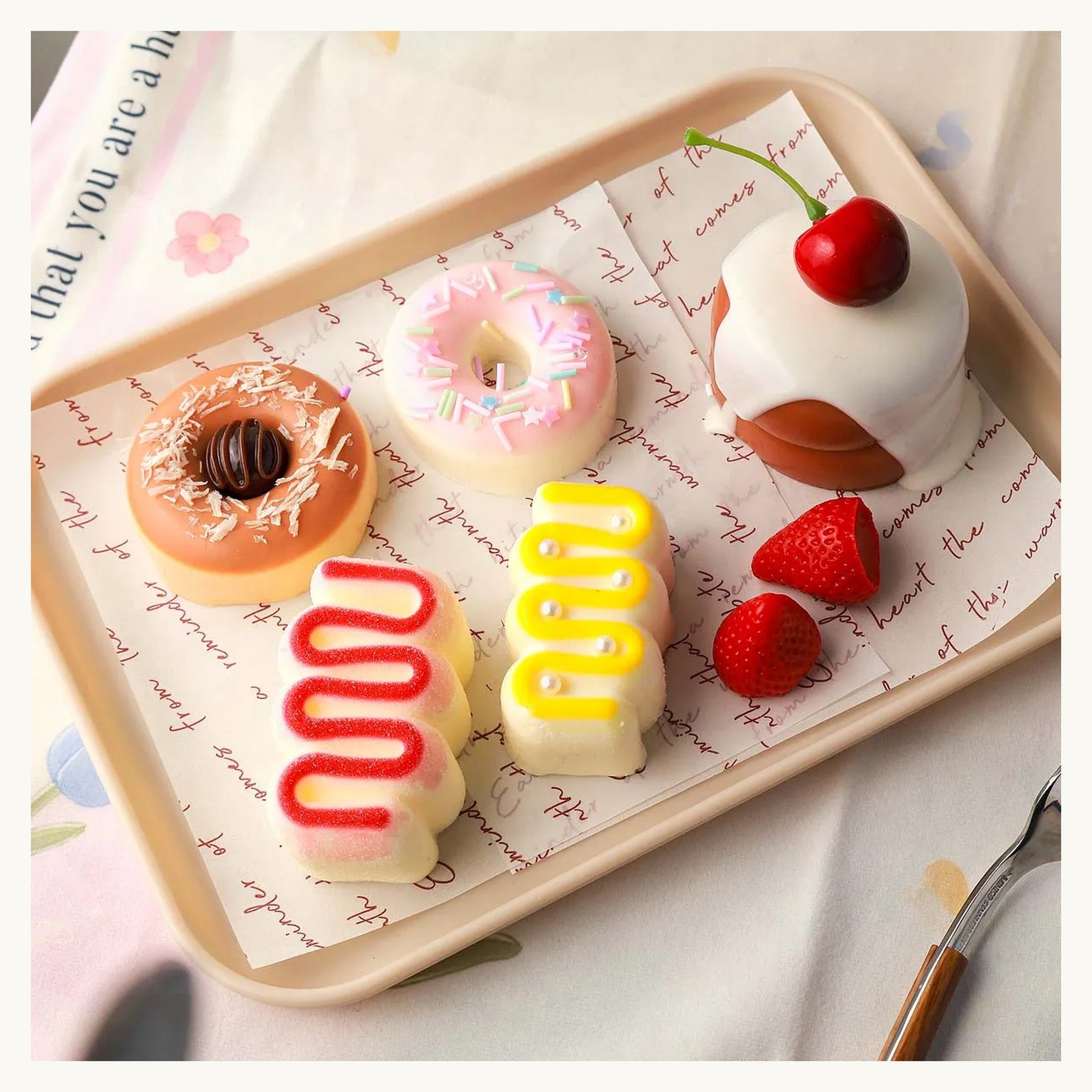 Finished SquishLab squishies: donut, waffle, cake and ice cream
