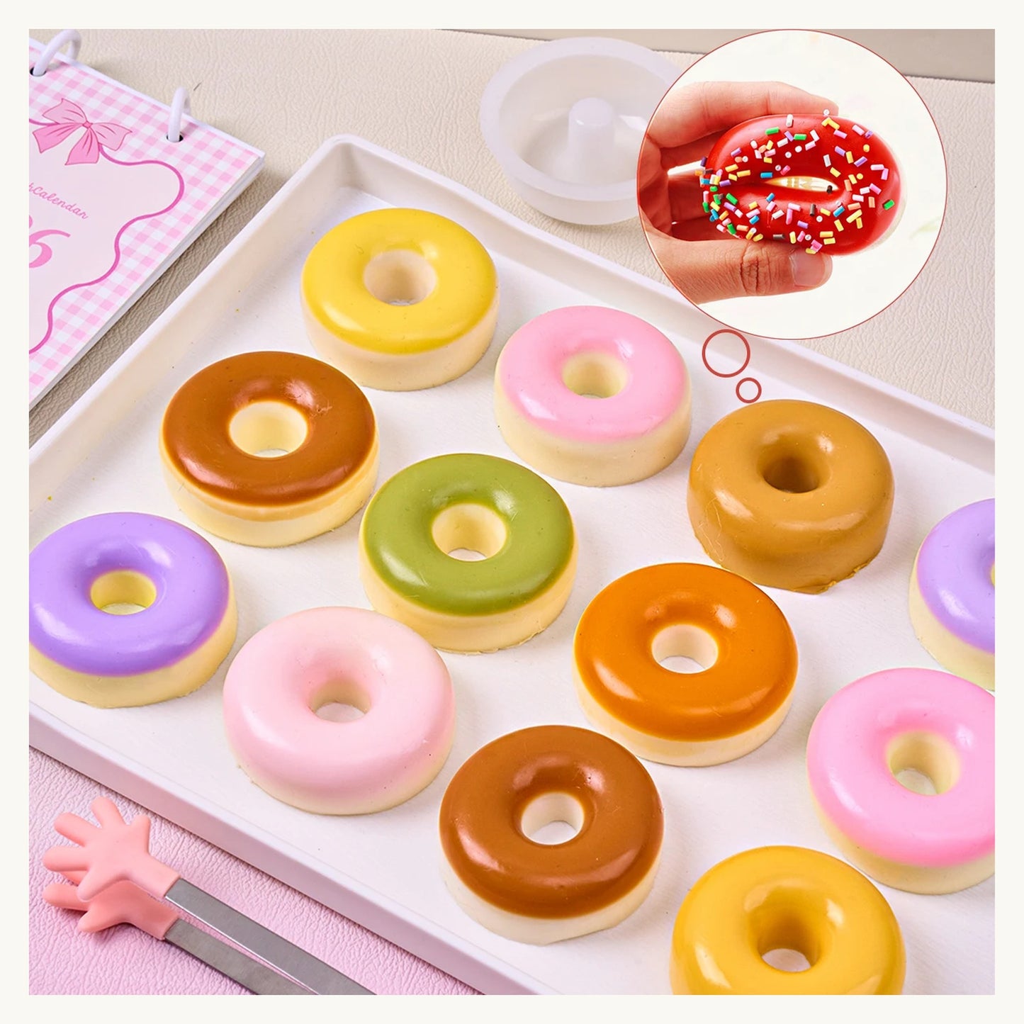 Colourful donut squishies made with the SquishLab kit