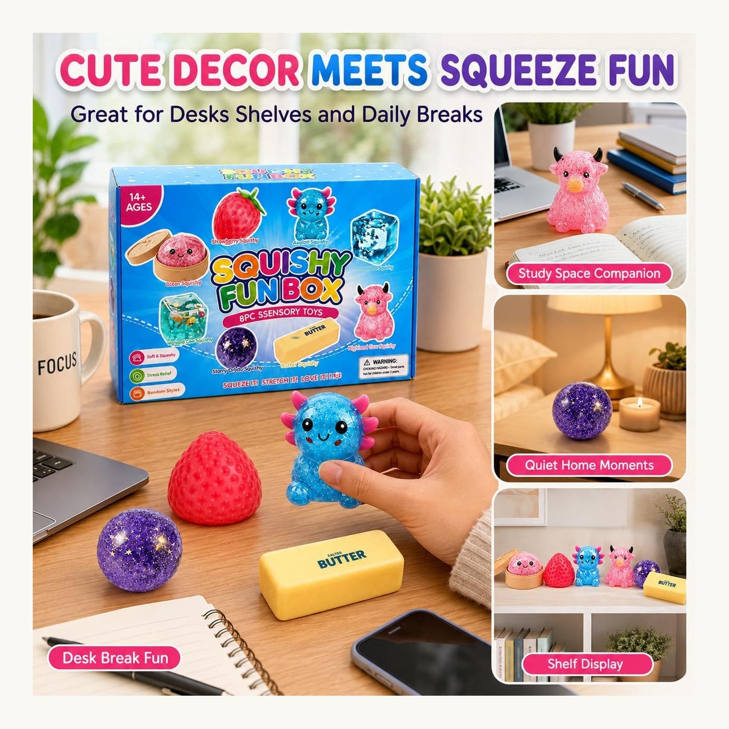 Cute decor meets squeeze fun on desks and shelves