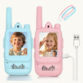 TalkieTwins kids video walkie talkies in blue and pink with lanyards and USB-C cable