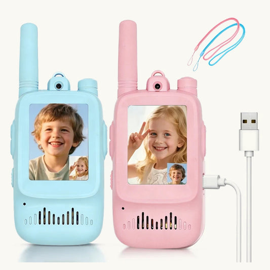 TalkieTwins kids video walkie talkies in blue and pink with lanyards and USB-C cable
