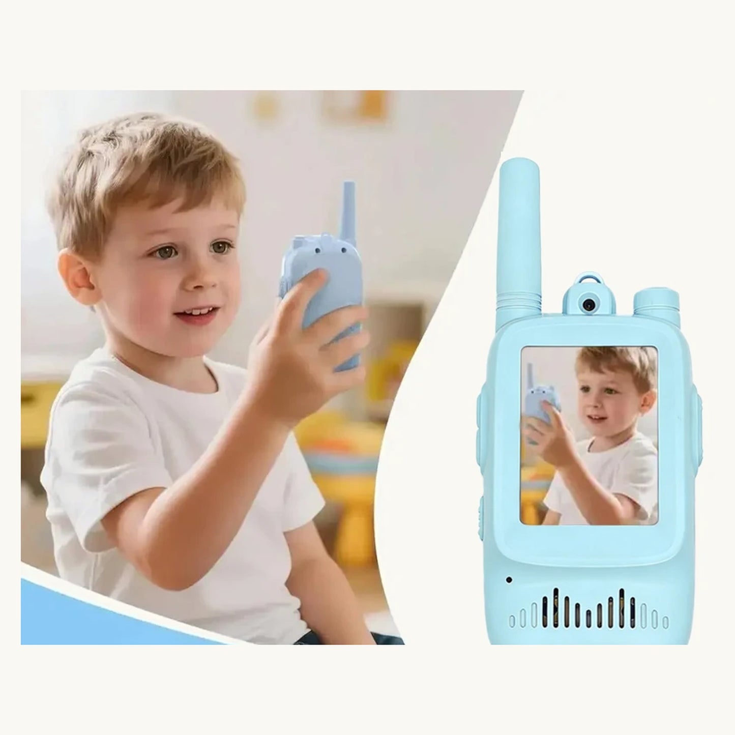 Boy using the blue TalkieTwins video walkie talkie