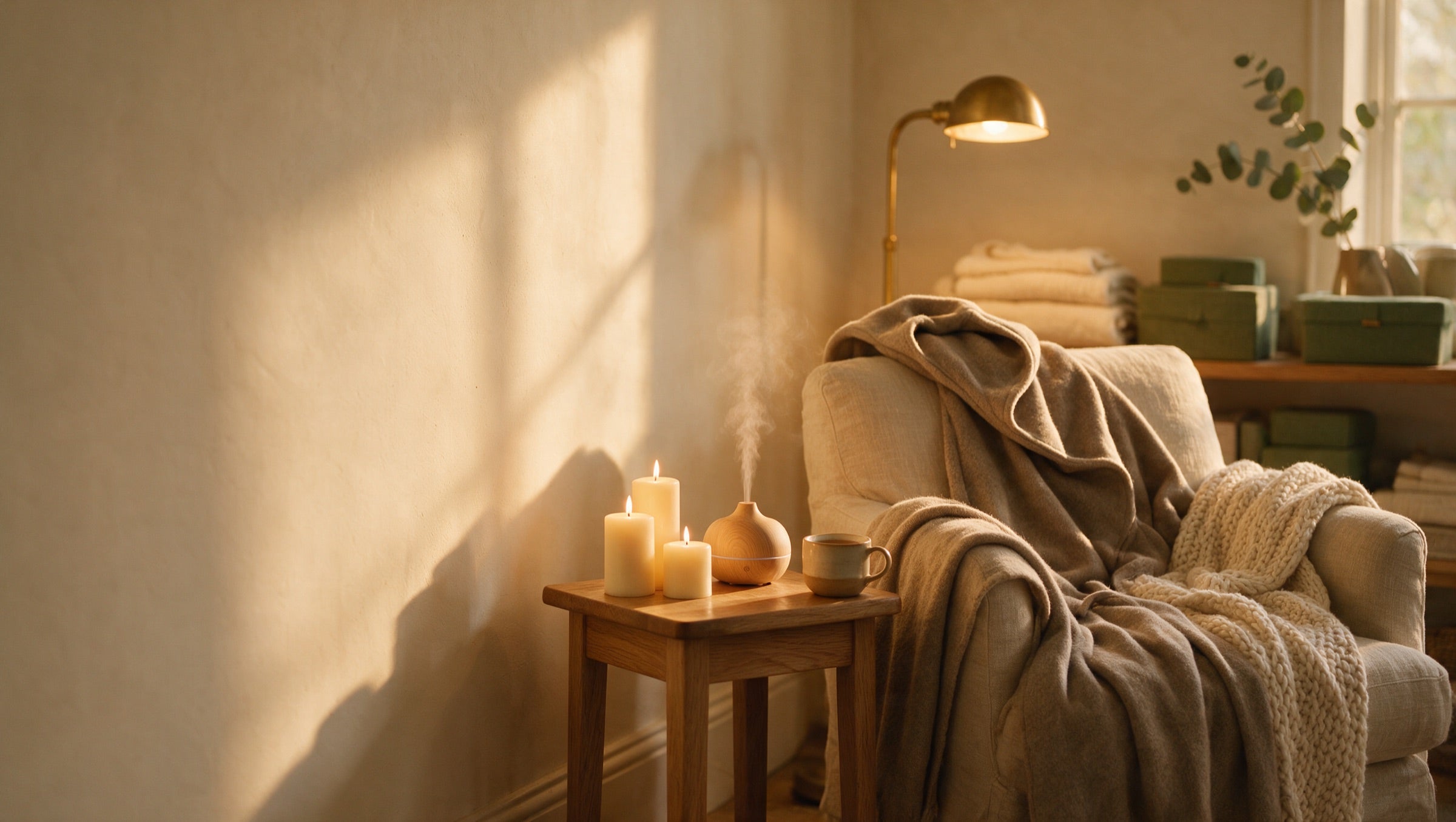 A warmly lit British home interior styled with Marlow Goods homeware